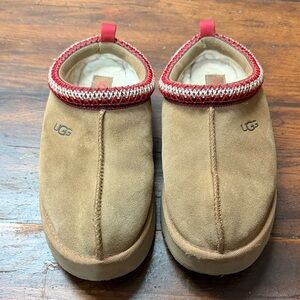 UGG Brown Suede Slippers with Red Patterned Trim